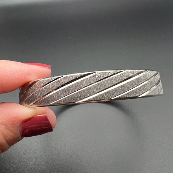Monet Etched Vintage Bangle Bracelet, Textured Matte Silver Tone - Picture 2 of 5